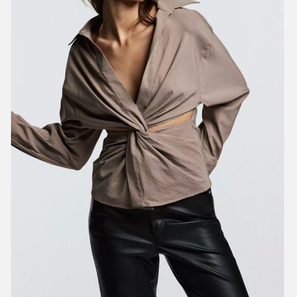 Zara Taupe Brown Cut Out Shirt - Picture 2 of 7
